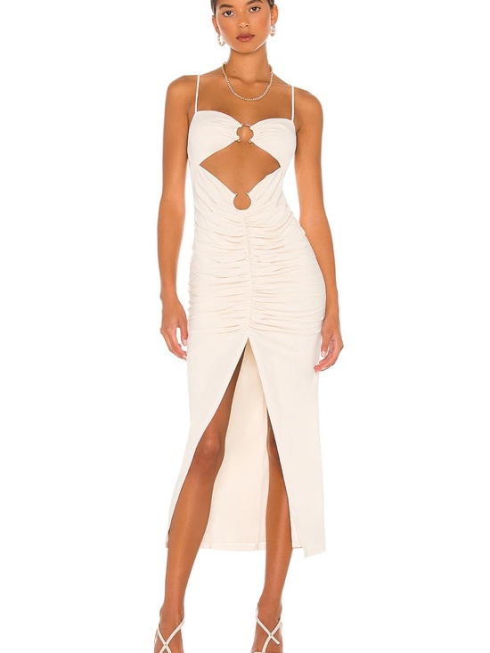 Camila Coelho Dresses & Skirts - Camila Coelho Yasmeen Midi Dress in Beige Ruched Cutout Wedding Party XS NWT